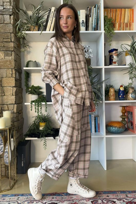 Patrick Plaid Brushed Cotton Edwardian Blouse Mocha Blush